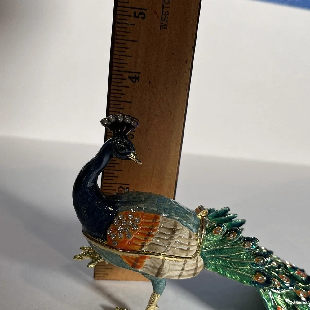 Peacock Enameled Metal Hinged Trinket Box w/ Austrian Crystals Figurine
